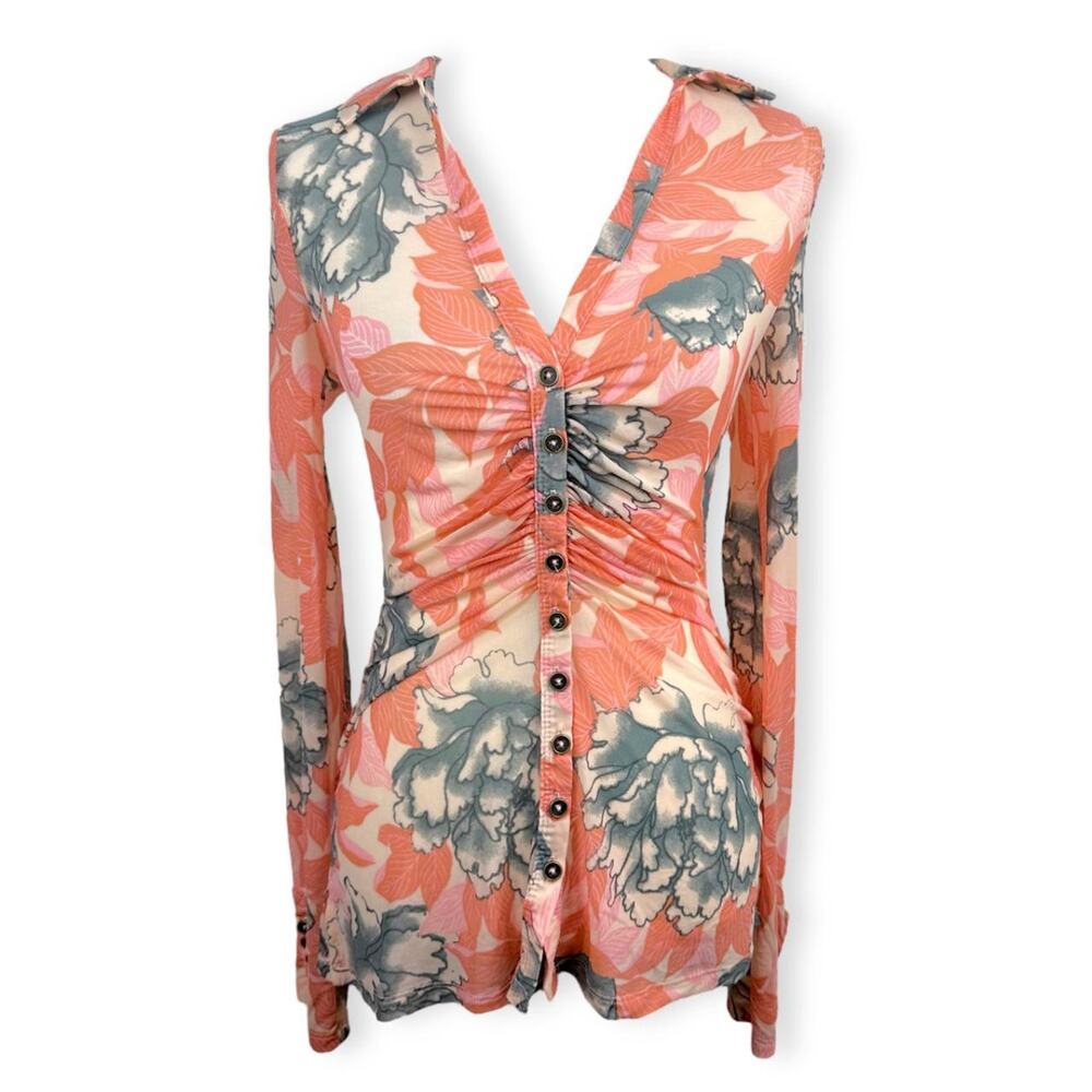 Free People Coral Orange Sheer Ruched Floral Blouse Sz XS